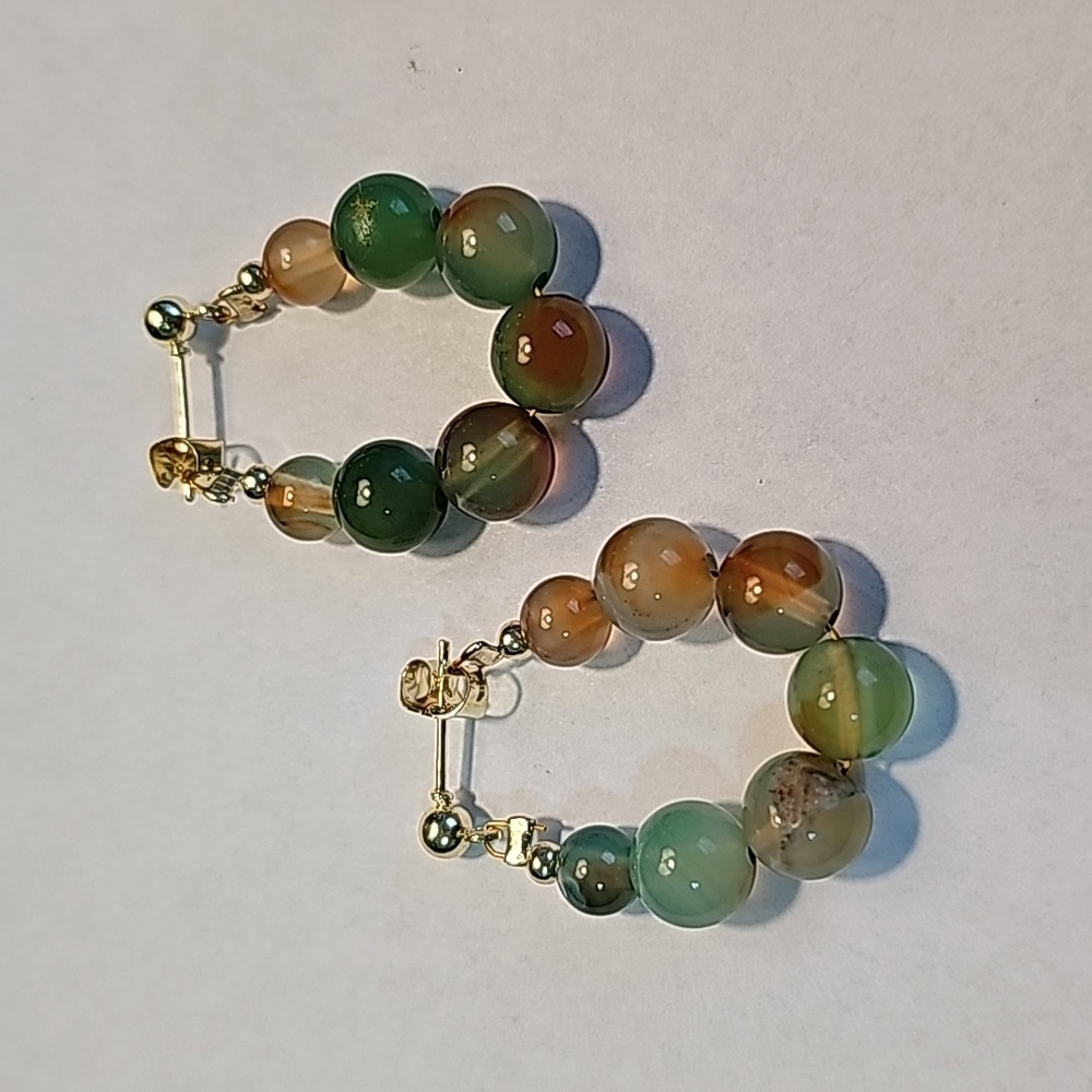 Bohemian beaded hoop earrings green brown gold detail nwot